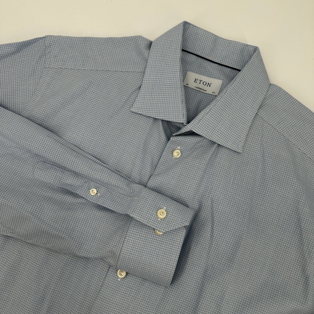Eton Contemporary Fit Light Blue Micro Houndstooth Cotton Lyocell Shirt‎ 17.5 44